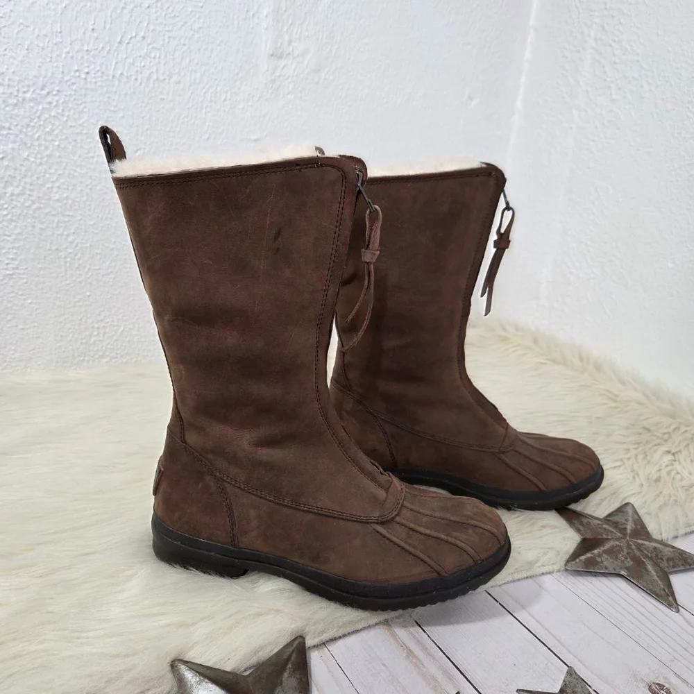 UGG Arquette front zip leather duck boot dark brown nubuck winter shearling sz 7